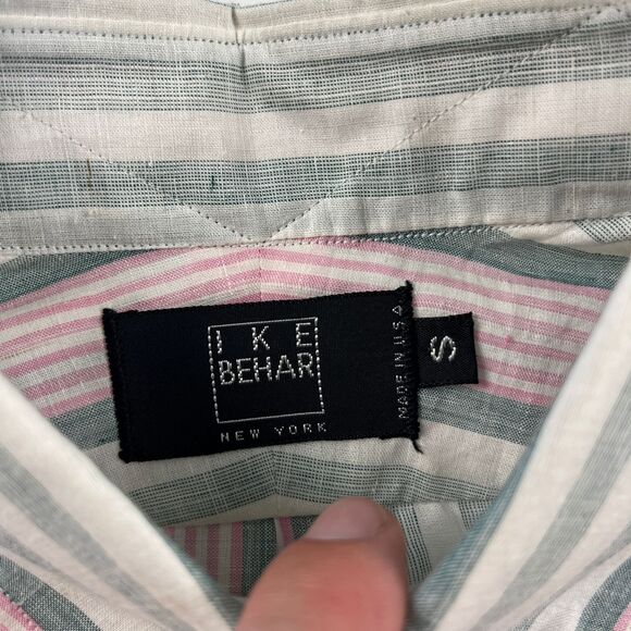 90s Ike Behar linen mens shirt, size S mens striped button down, white & blue - Picture 7 of 10